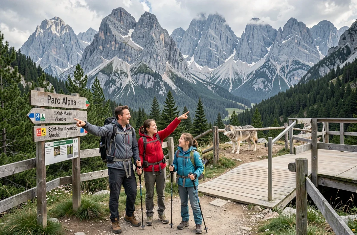 Famille observant des loups dans leur enclos naturel au Parc Alpha à Saint-Martin-Vésubie