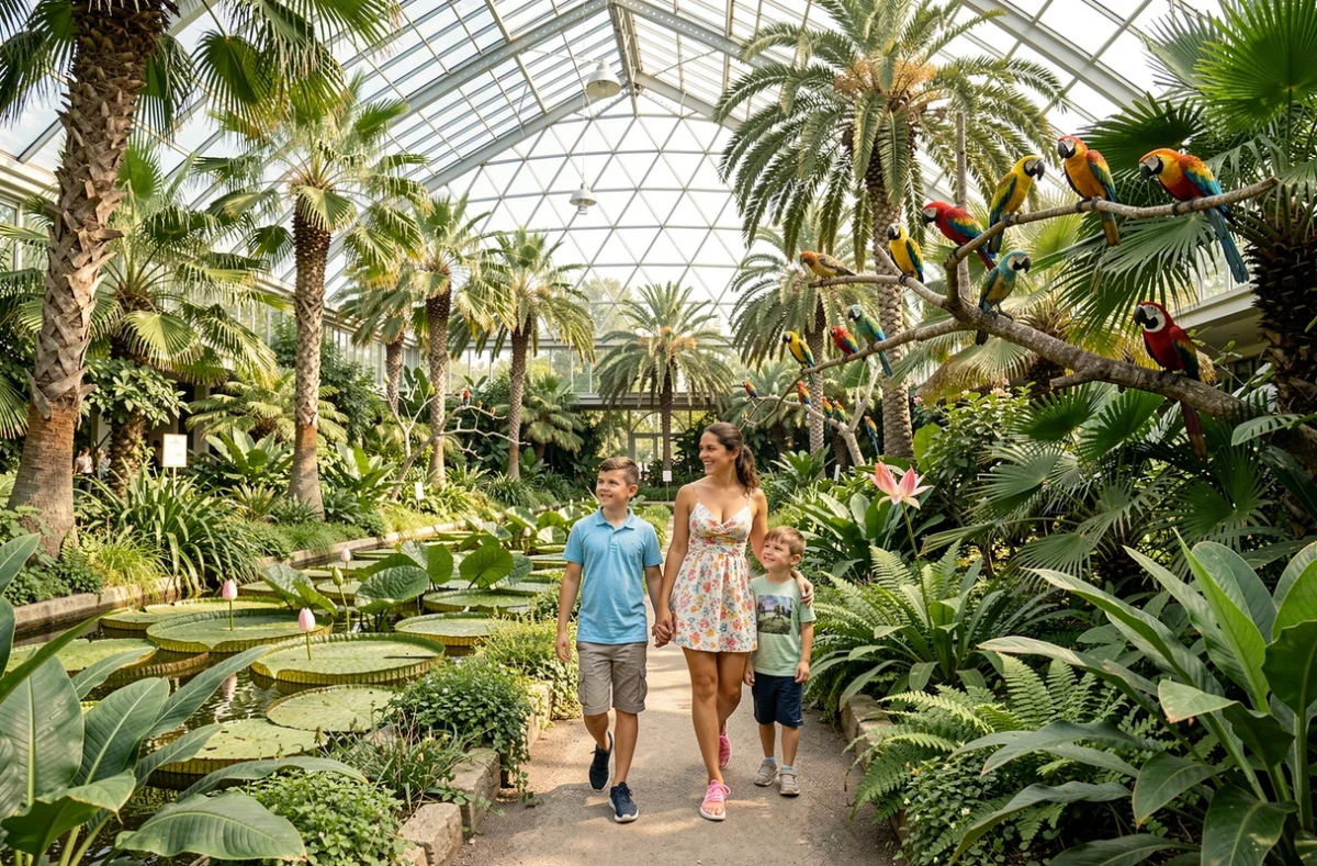 Mère et enfants se promenant dans la serre tropicale du Parc Phoenix à Nice