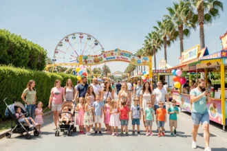 Familles avec enfants profitant d'un parc de loisirs ensoleillé dans les Alpes-Maritimes