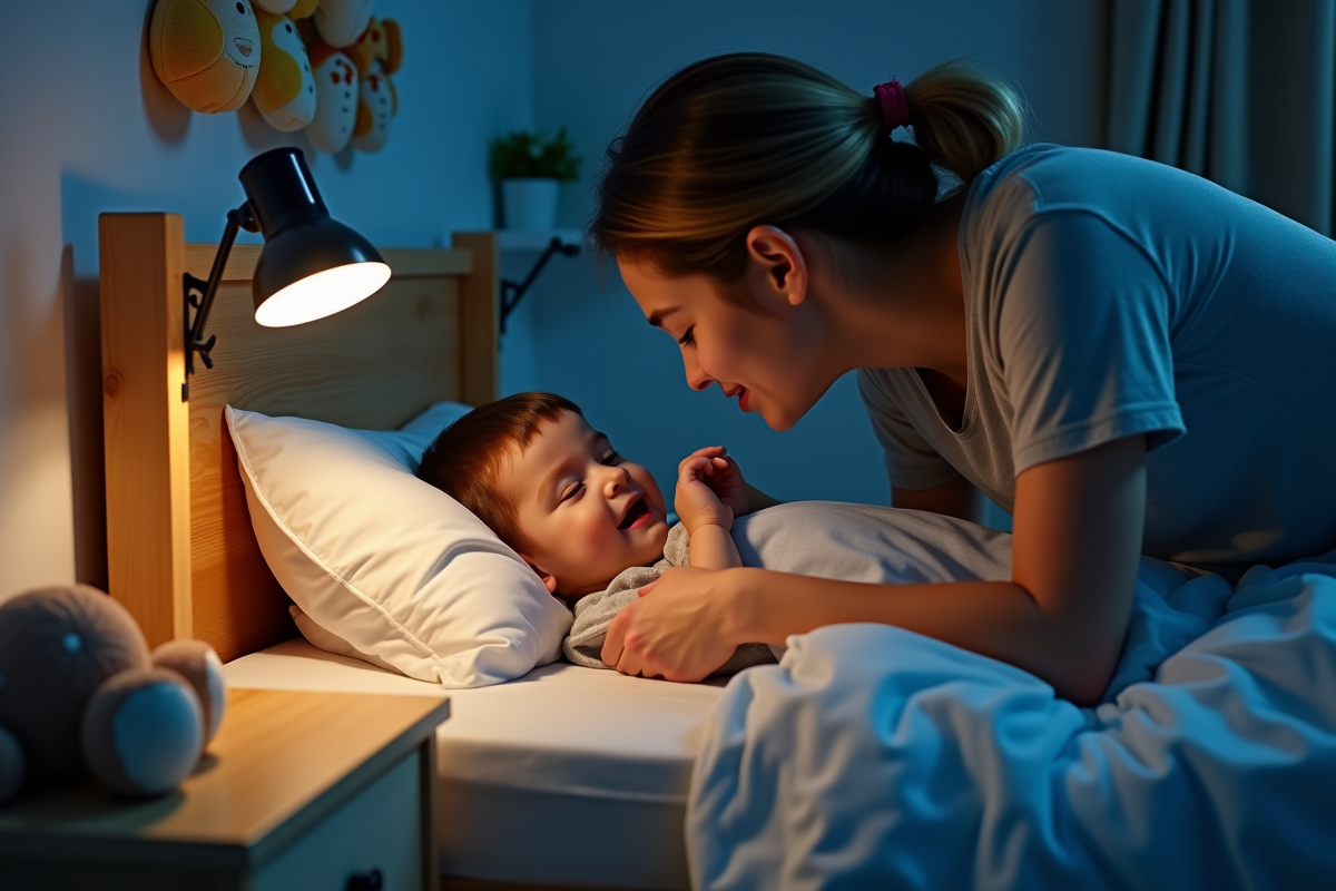 Parent rassurant un enfant avant de dormir dans sa chambre