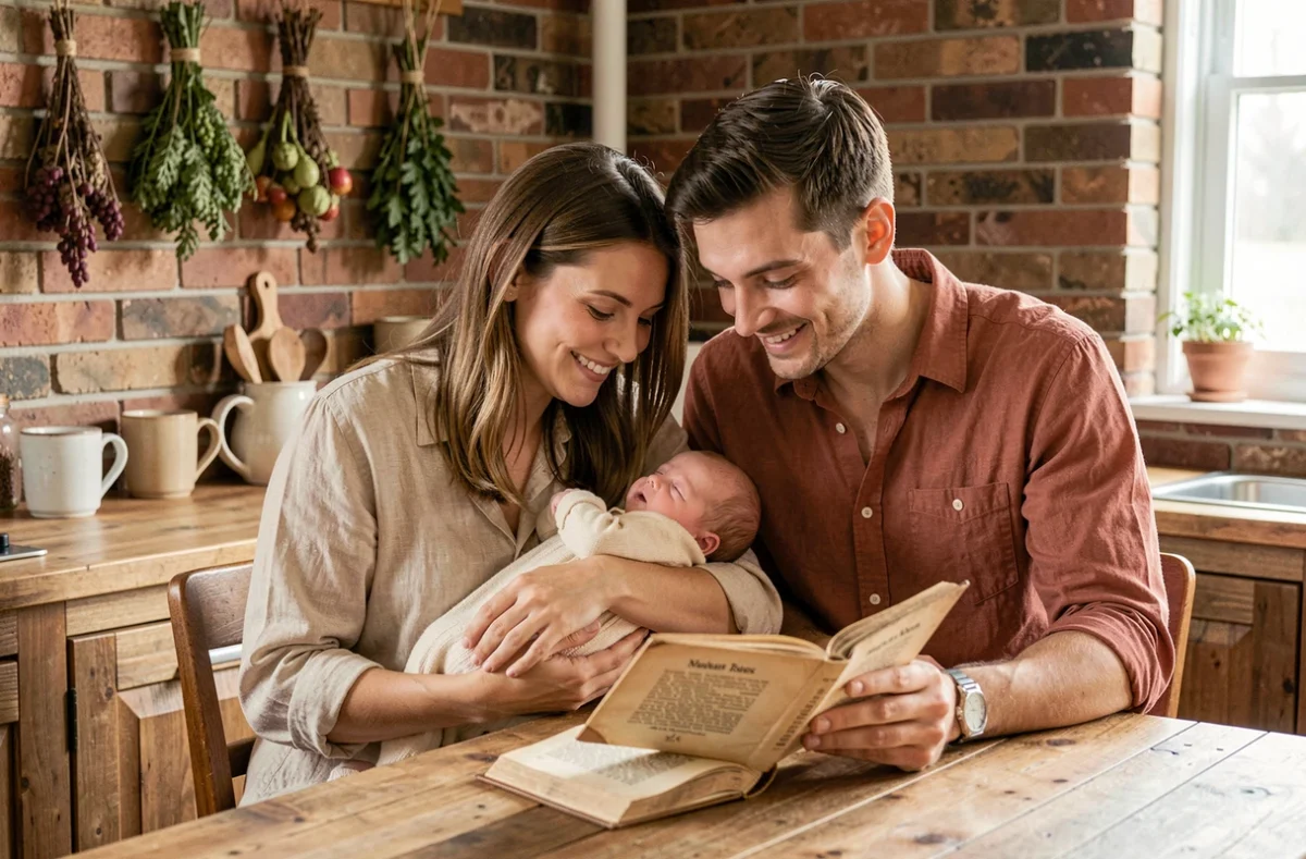 Parents choisissant le prénom Baptiste pour leur bébé autour d'un livre de prénoms à la cuisine, ambiance familiale chaleureuse