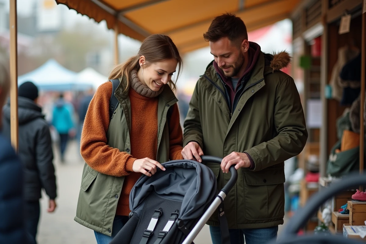 Couple de parents examinant une poussette 4 en 1 dans un marché de puériculture en plein air