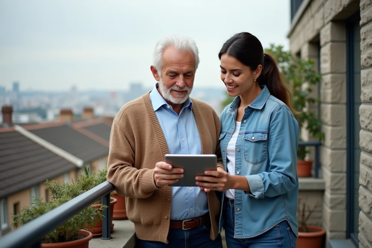 Père senior et fille regardant une tablette sur le balcon