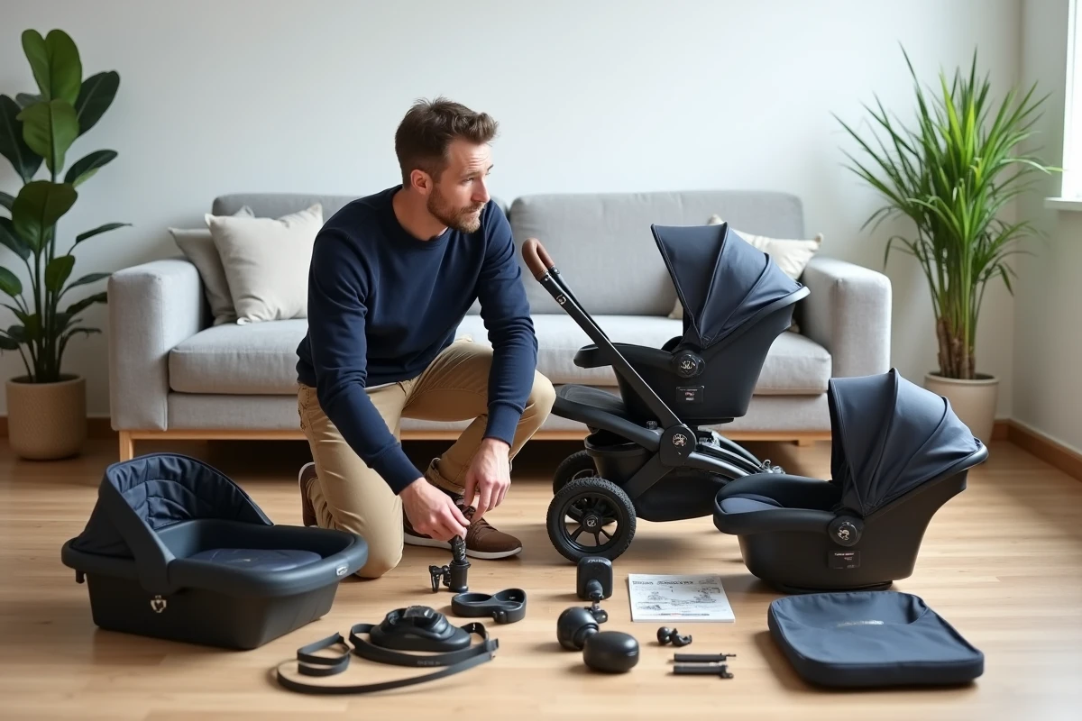 Père assemblant les pièces d'une poussette 4 en 1 dans un salon moderne avec le manuel d'utilisation