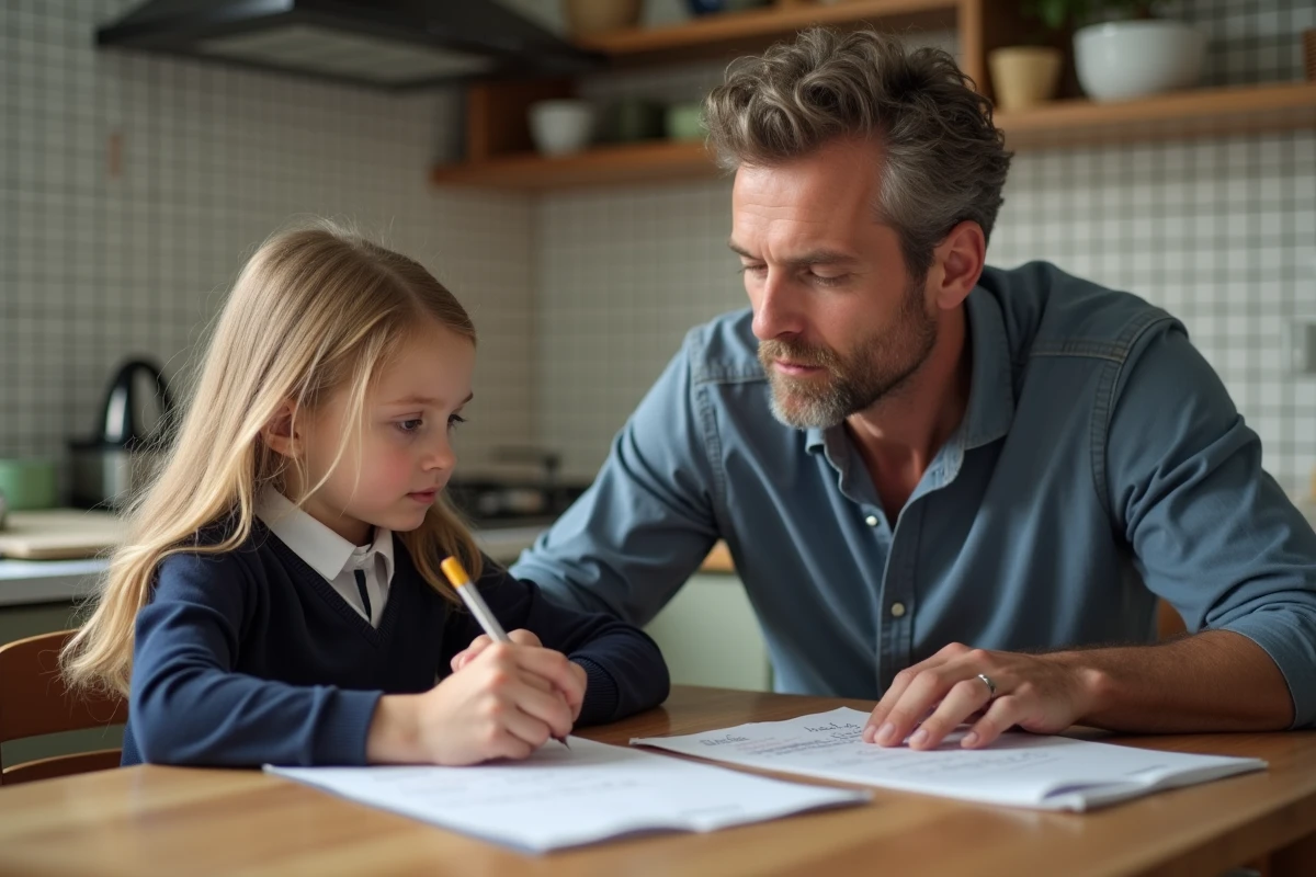 Pere et fille &eacute;crivant une note d absence &agrave; la maison