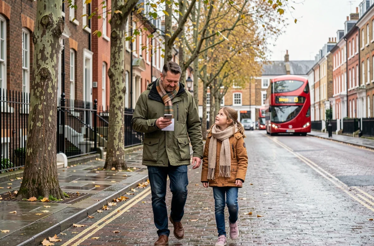Père expatrié vérifiant les dates de vacances scolaires anglaises sur son téléphone en se promenant avec sa fille dans une rue londonienne en automne