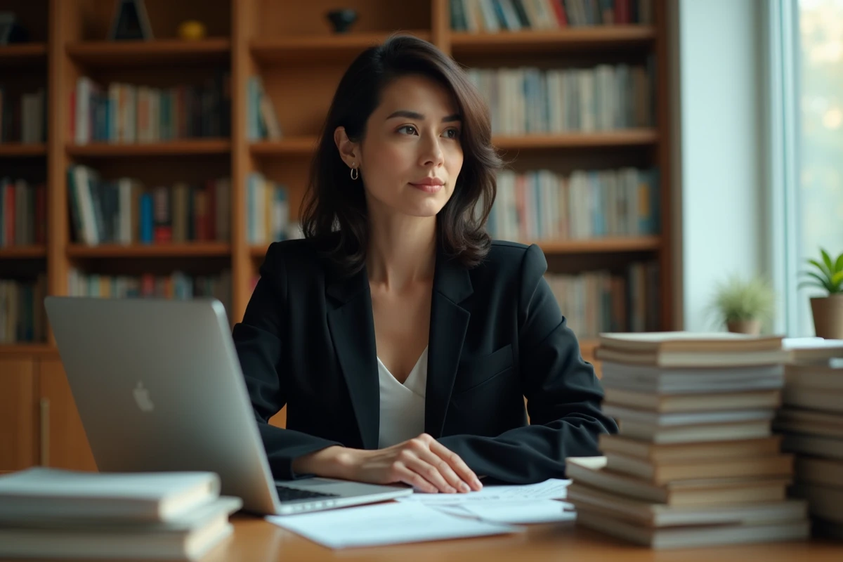 Personnalité médiatique féminine dans un bureau éditorial entouré de livres, expression réfléchie et regard off-camera