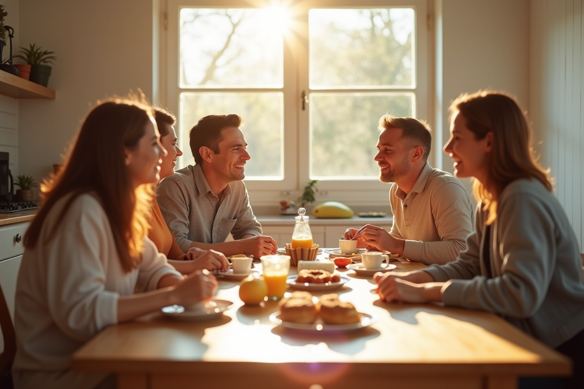 Famille prenant le petit déjeuner dans une cuisine lumineuse