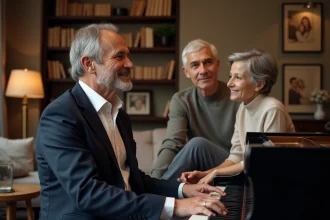 Homme français au piano avec famille chaleureuse