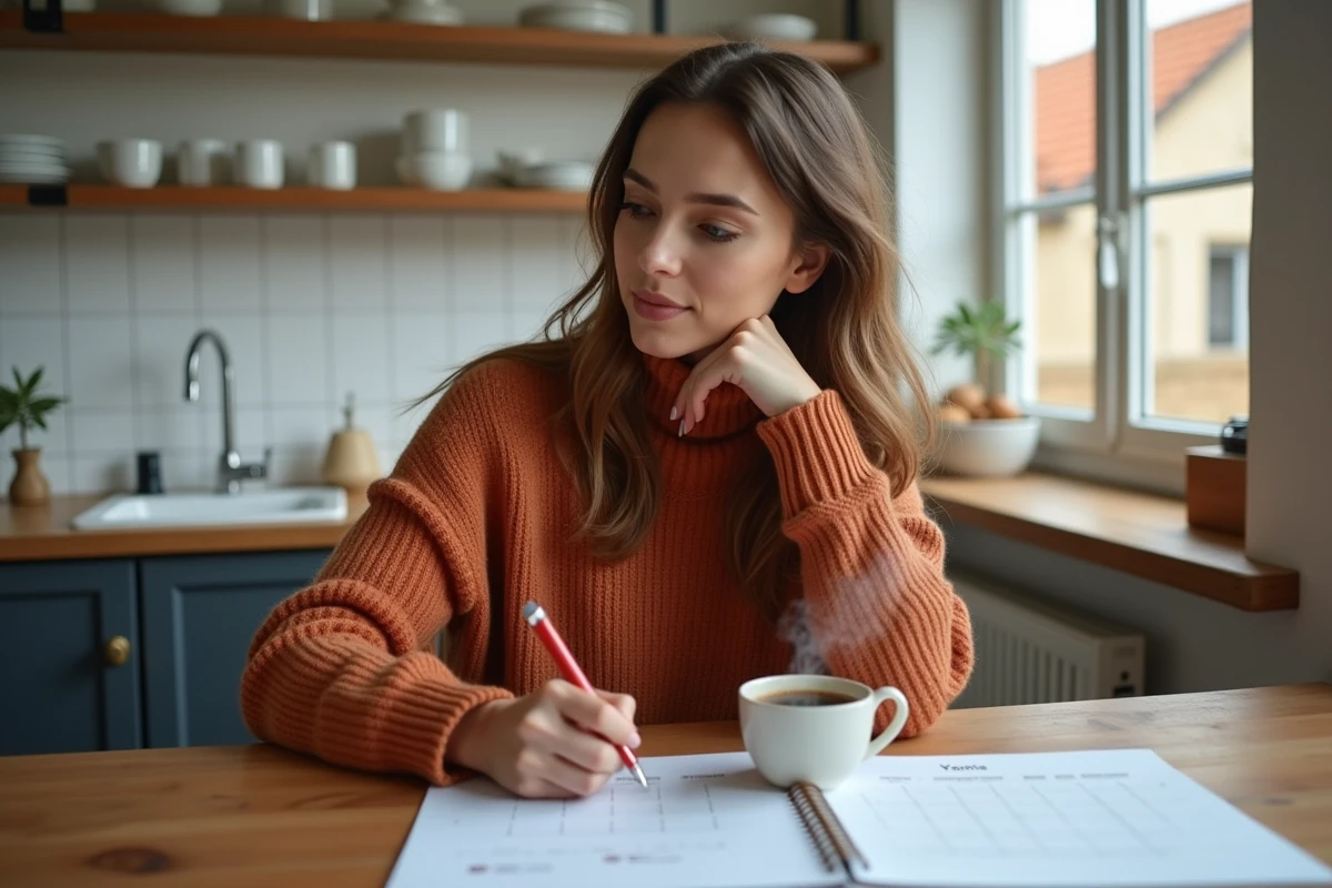 Femme planifiant les ponts et jours fériés d'octobre 2026 sur un calendrier papier