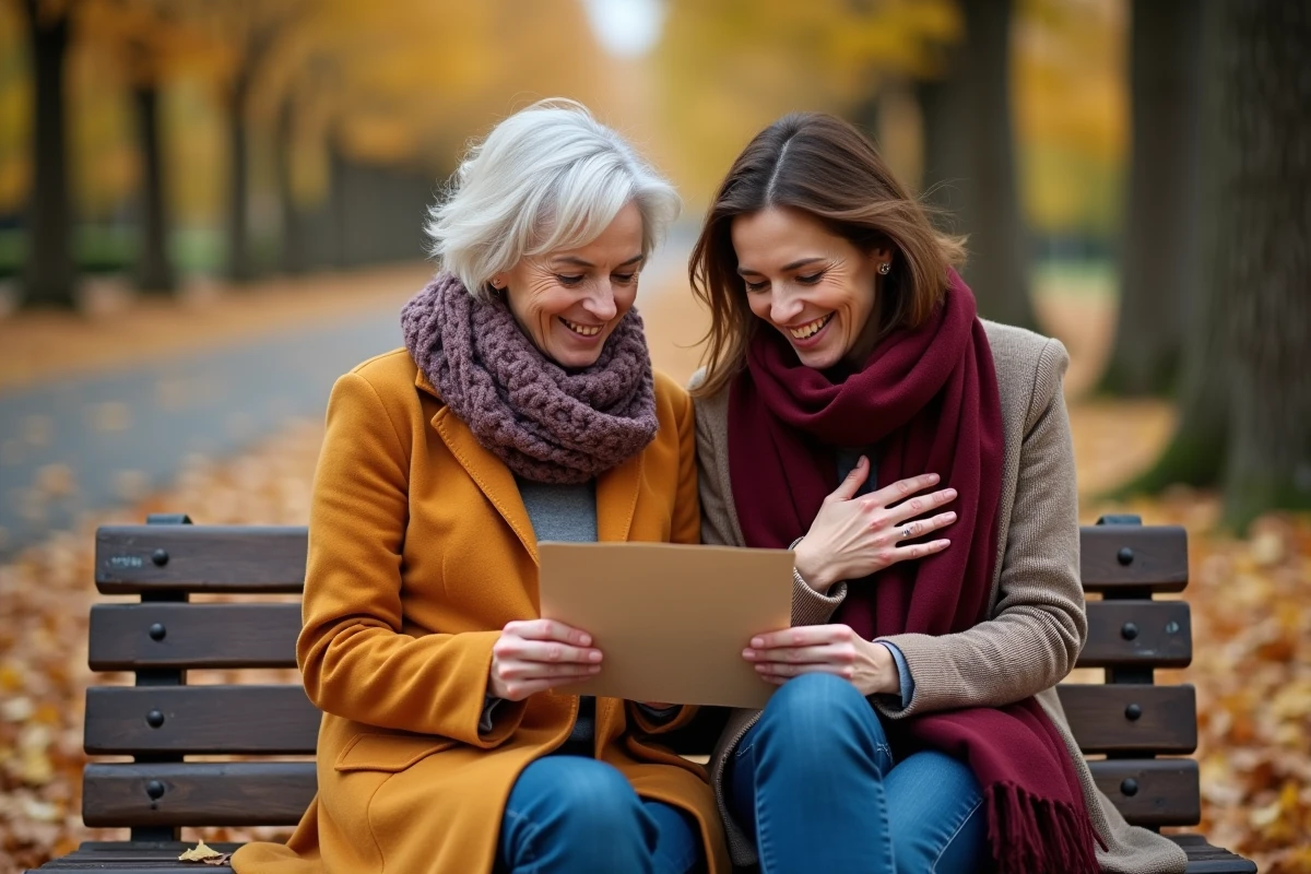 Deux femmes sur un banc de parc en automne échangeant un poème drôle et émouvant