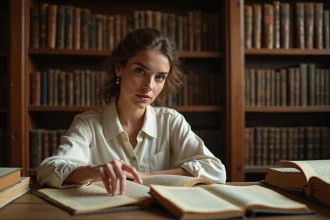Jeune femme consultant d'anciens registres de prénoms dans une bibliothèque d'archives historiques