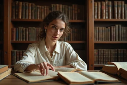 Jeune femme consultant d'anciens registres de prénoms dans une bibliothèque d'archives historiques