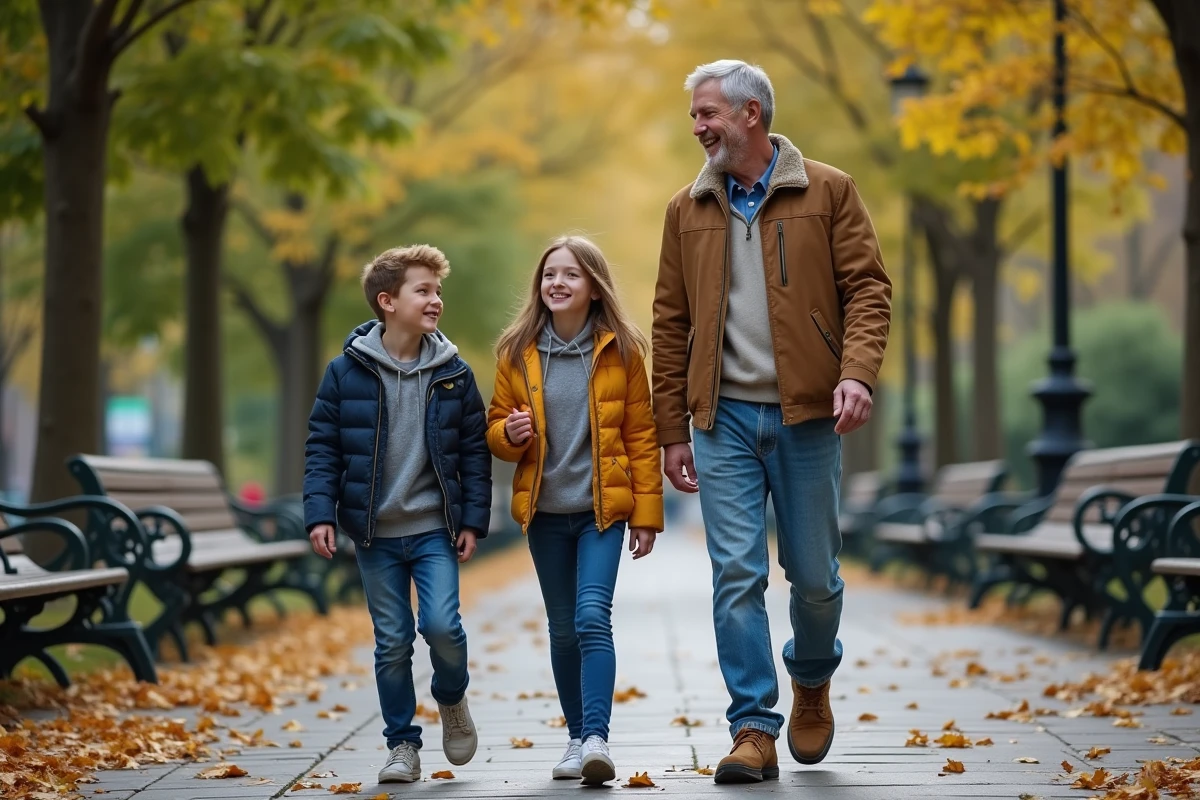 Adolescent et adulte marchant dans un parc en automne