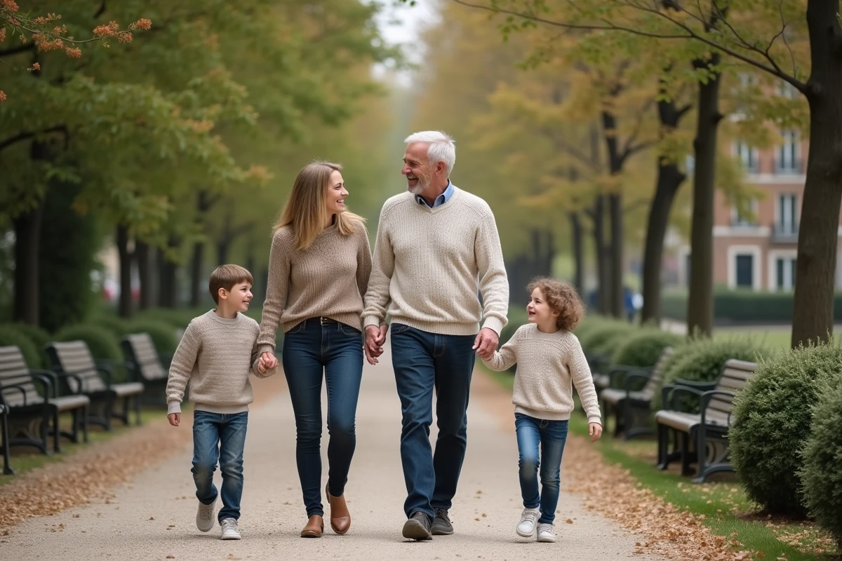 Famille se promenant dans un parc parisien