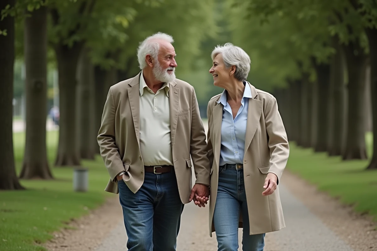 Couple se promenant dans un parc suburbain calme