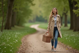 Jeune femme en trench et jeans dans parc de Sceaux