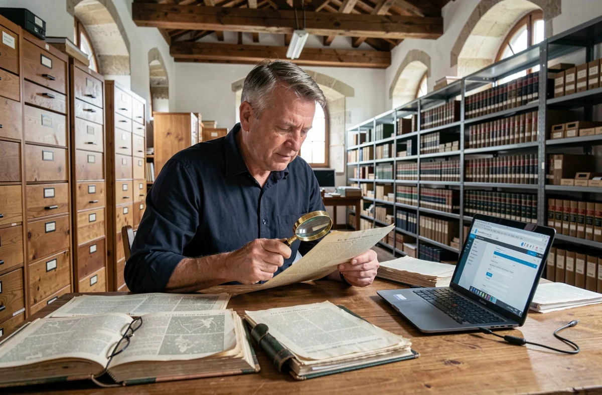 Homme consultant des registres paroissiaux anciens dans une salle d'archives régionale pour reconstituer une généalogie familiale