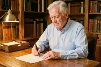Homme âgé rédigeant un testament olographe à la plume sur son bureau en bois, dans une bibliothèque personnelle chaleureuse