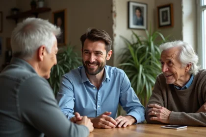 Famille discutant chaleureusement dans un appartement parisien