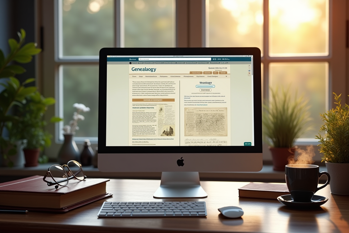 Ecran affichant deux sites de généalogie avec livres et café