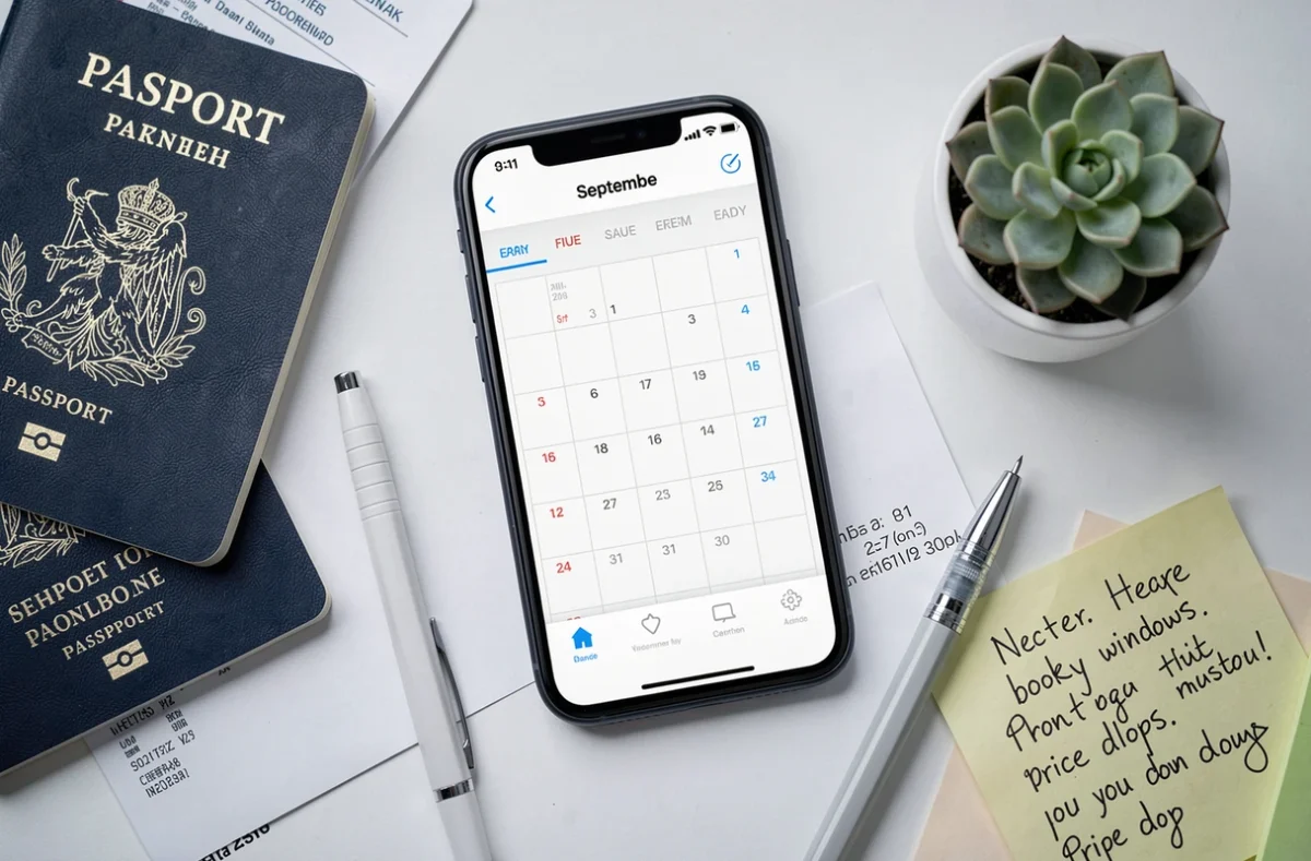Vue aérienne d'un bureau avec un smartphone affichant un calendrier des zones scolaires pour planifier des vacances moins chères