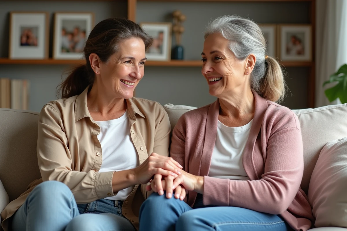 Deux amies ou membres de la famille se soutenant mutuellement sur un canapé après le décès d'une mère