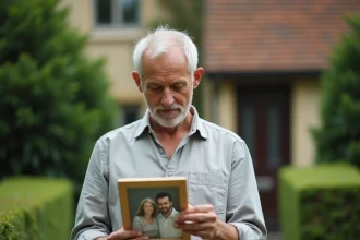Homme tenant une photo de famille dans un jardin paisible, évoquant la mémoire et le souvenir familial