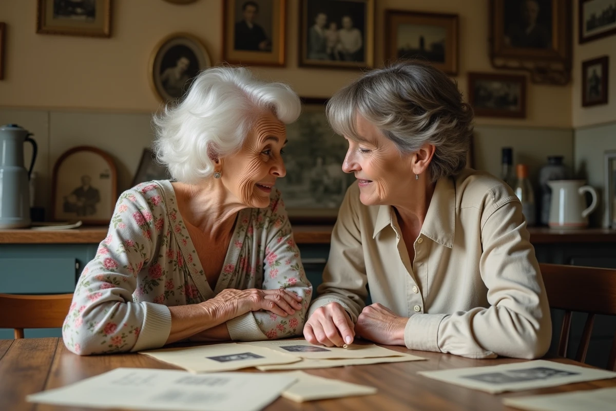 Deux femmes de générations différentes partagent des souvenirs familiaux et des photographies autour d'une table, symbolisant la transmission familiale