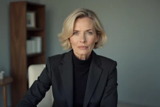 Femme élégante dans la cinquantaine à l'air réservé, illustrant la protection de la vie privée d'une personnalité publique