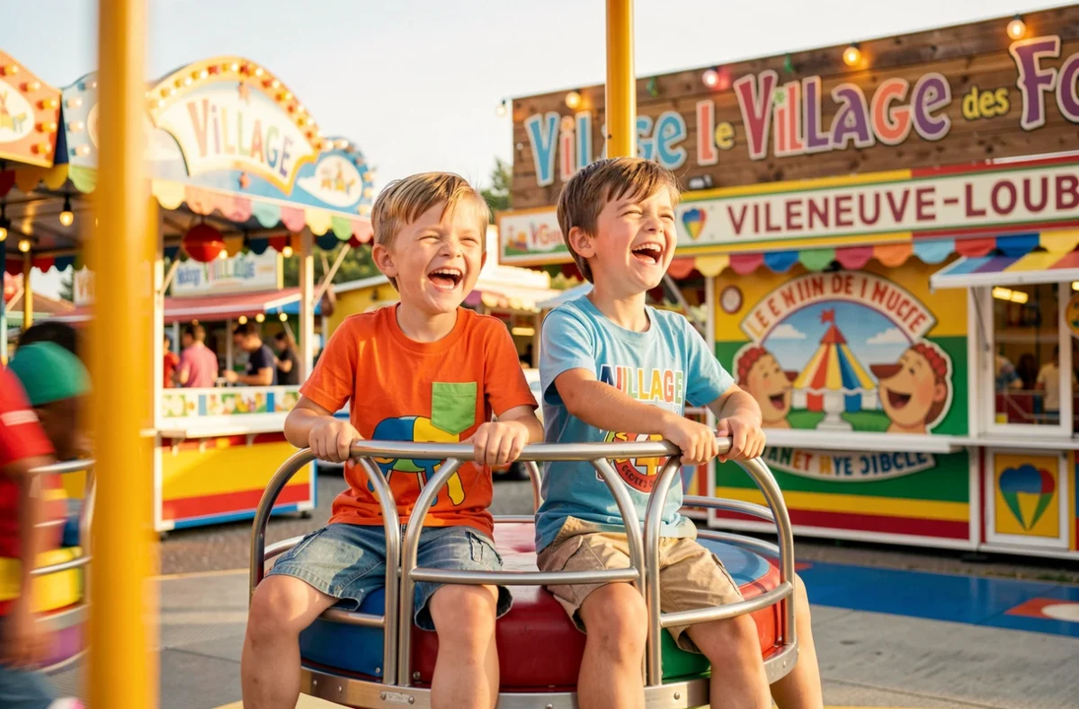 Enfants riant sur un manège au Village des Fous à Villeneuve-Loubet