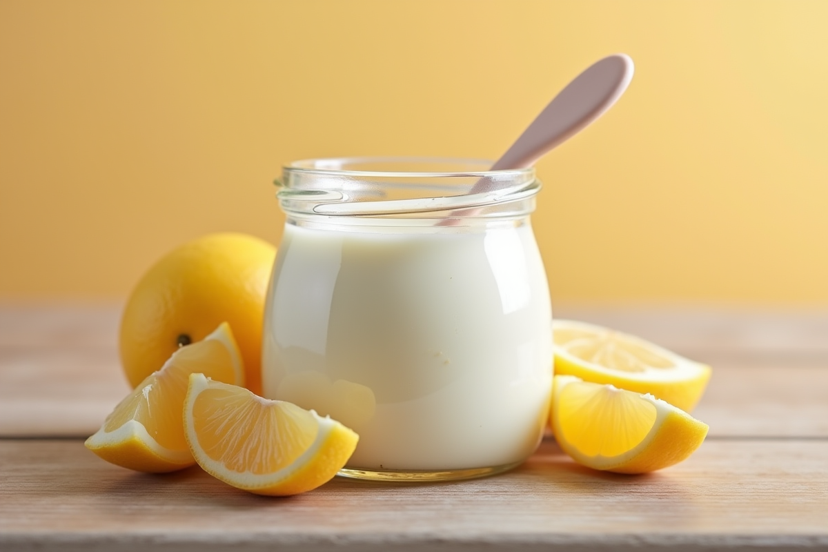 Yaourt maison entouré de fruits frais et cuillère pour bébé