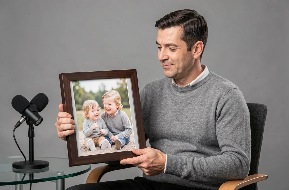 Yoann Riou tenant une photo d'enfance de lui et sa sœur jumelle lors d'une interview
