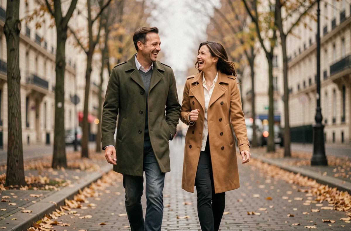 Yoann Riou et sa sœur jumelle se promenant ensemble sur un boulevard parisien en automne