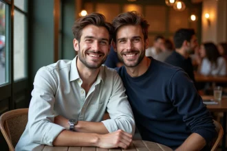 Deux hommes complices attablés dans un café parisien, illustrant la relation amoureuse de Yoann Usai