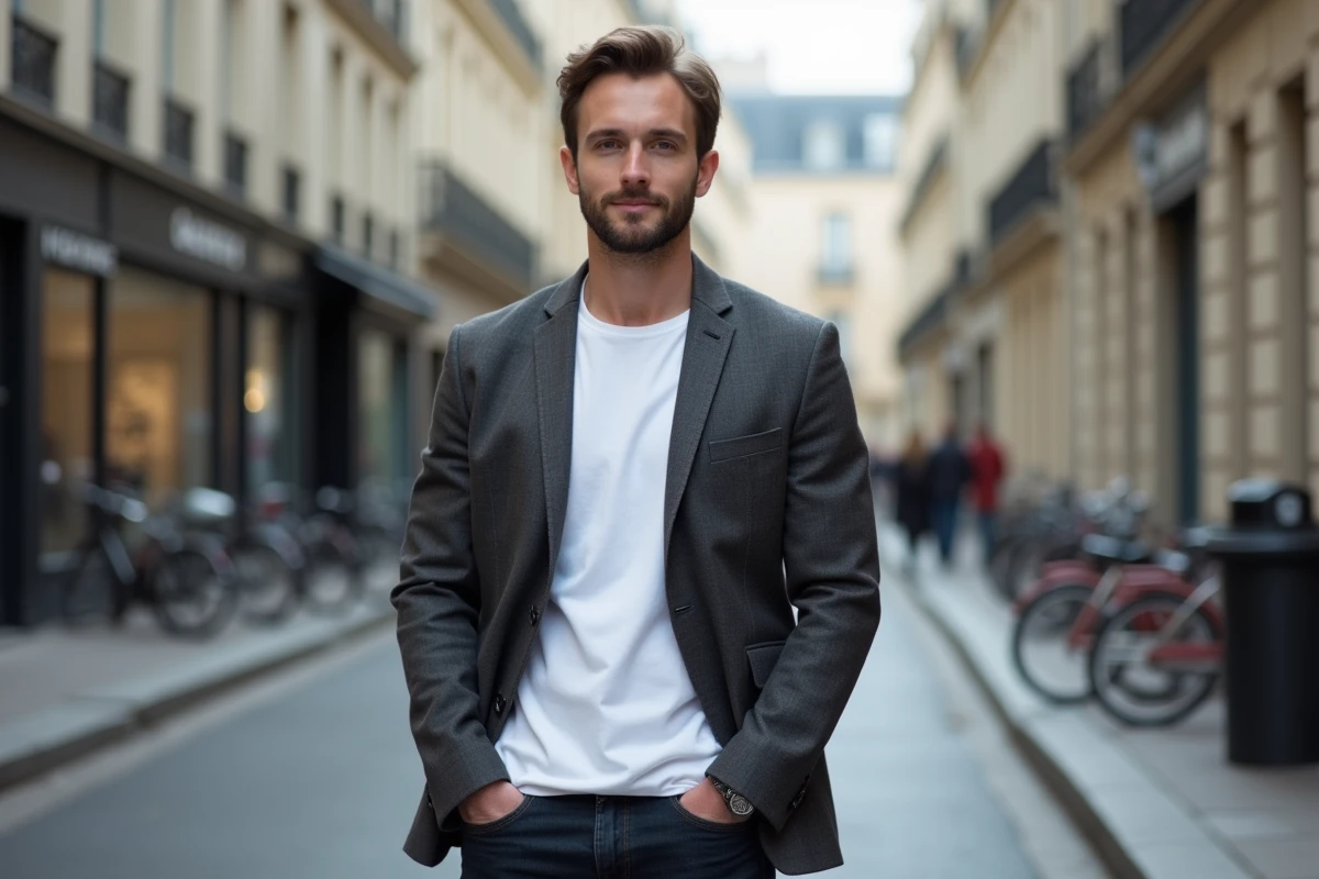 Portrait éditorial d'un homme devant un immeuble parisien, évoquant la personnalité publique de Yoann Usai