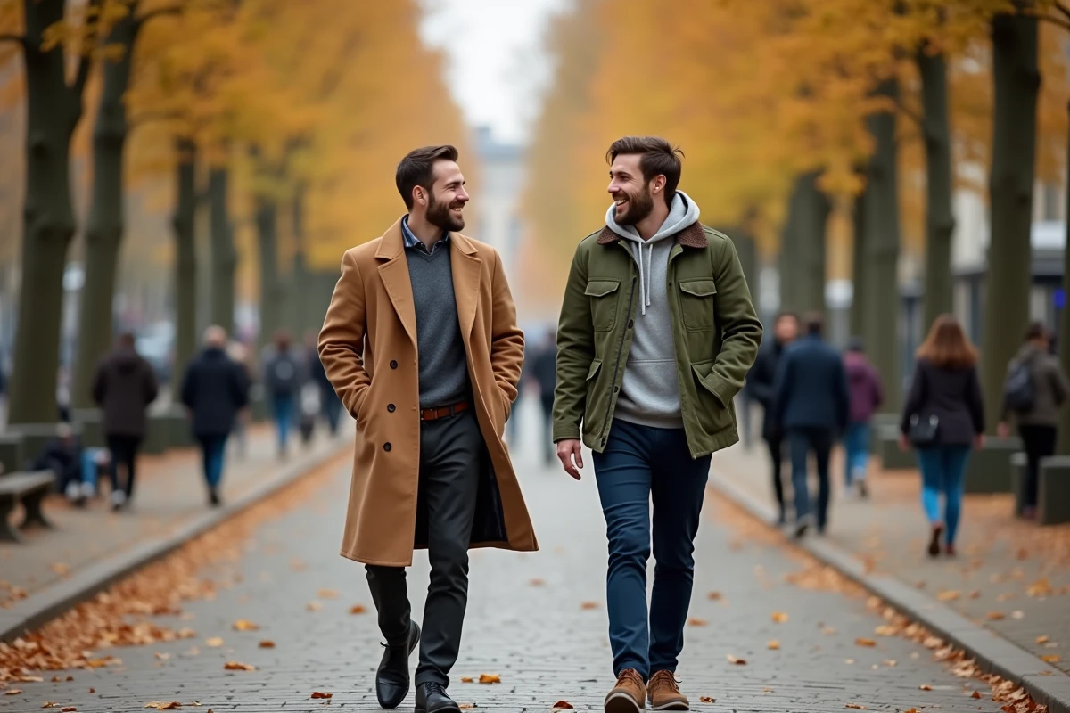 Deux hommes se promenant en automne sur un boulevard parisien, illustrant la complicité du couple de Yoann Usai
